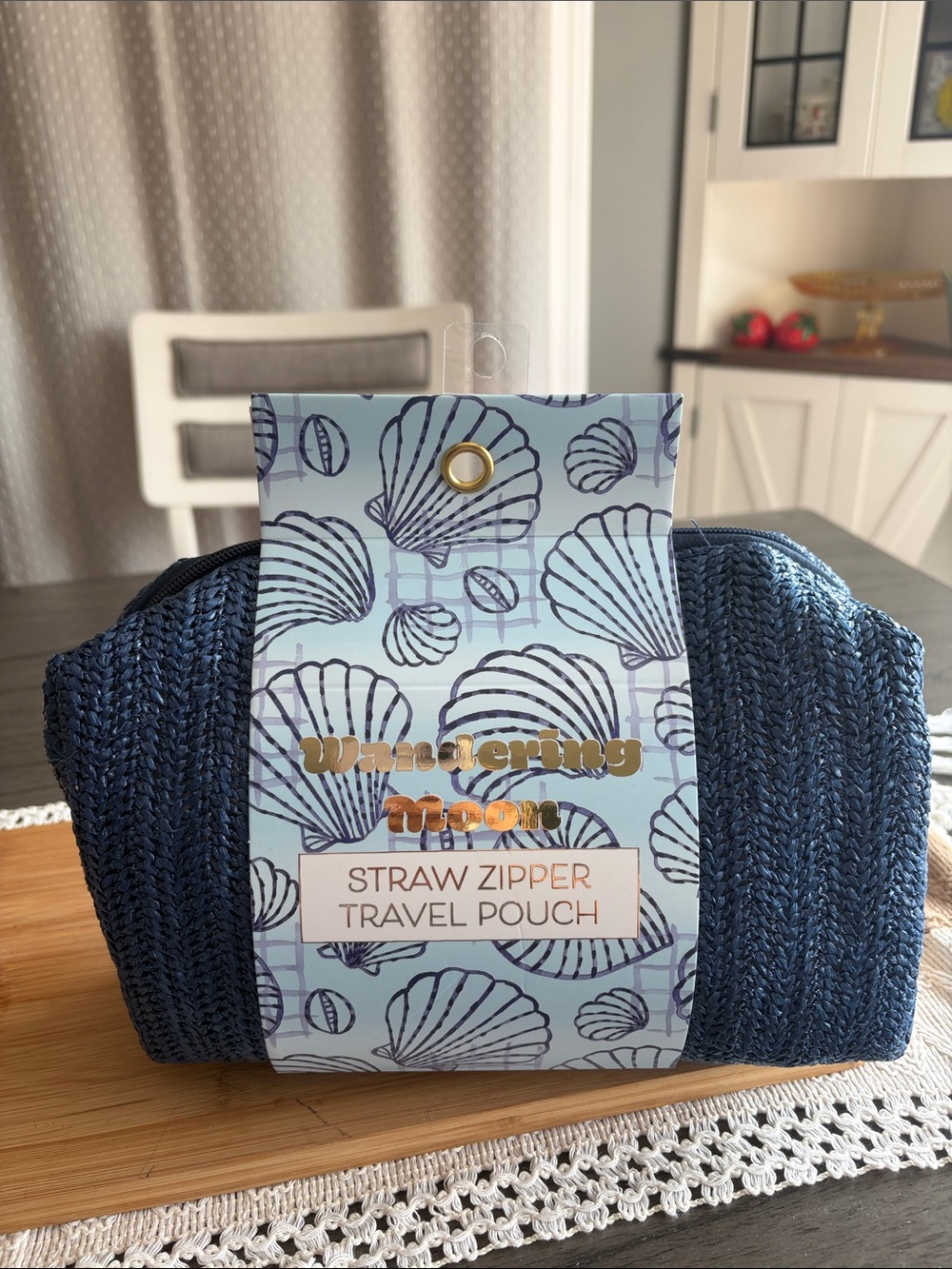 Wandering Moon Navy Straw Zipper Travel Pouch